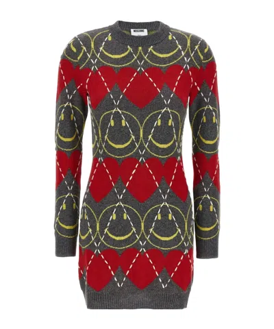 Moschino Wool Blend Mini Dress With Diamond-stitched Pattern In Multi