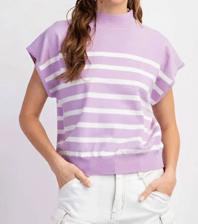 Eesome Short Sleeve Mock Neck Stripe Sweater In Lavender In Blue