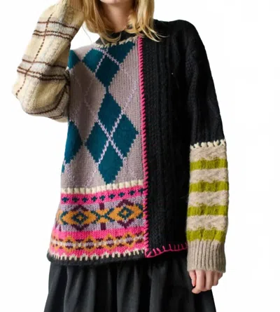 Lingua Franca Hutton Patchwork Crewneck Sweater In Black Patchwork In Black