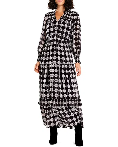 Nic + Zoe Dot Ruffle Smocked Long Sleeve Chiffon Maxi Dress In Black