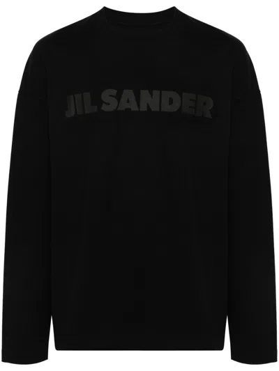 Jil Sander Men Black Long Sleeve T-shirt With Front Logo Print In Cotton Man In Black