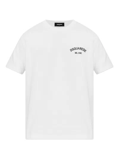 Dsquared2 Men White Crewneck T-shirt With Logo Lettering On The Front In Cotton Man In White