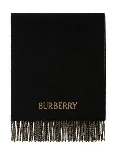 Burberry Check Print Cashmere Scarf With Signature Embroidery In Black