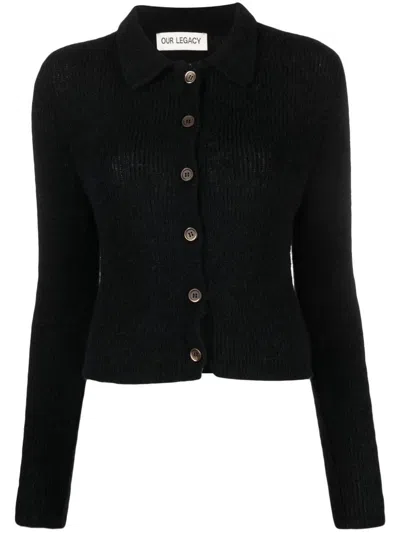 Our Legacy Alpaca Wool Blend Knit Polo Top In Black