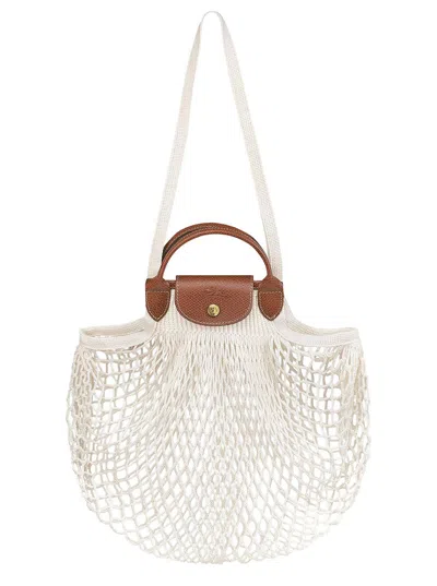 Longchamp 'le Pliage Filet' White Handbag With Engraved Logo