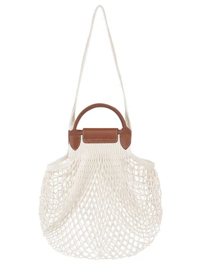 Longchamp 'le Pliage Filet' White Handbag With Engraved Logo