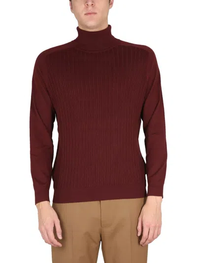 Hugo Boss Ribbed Turtleneck Sweater In Burgundy