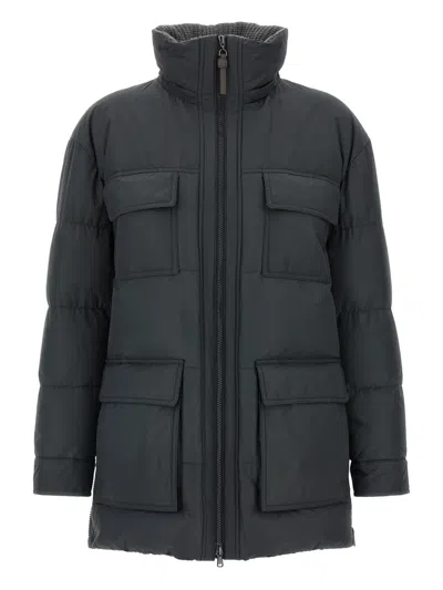 Brunello Cucinelli Knitted Neck Down Jacket Puffer Jackets Gray In Black