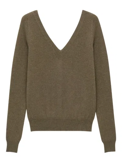 Saint Laurent Luxurious Cashmere V-neck Sweater With Ribbed Trims In Brown