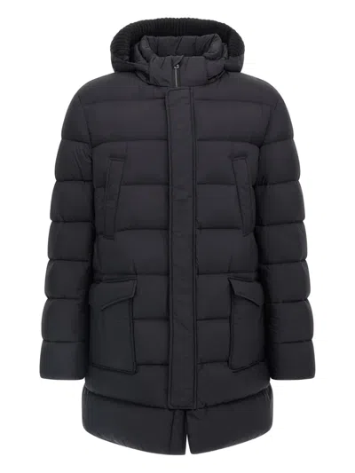 Herno Quilted Black Down Jacket With Detachable Hood In Blue