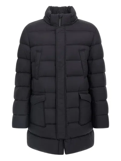 Herno Quilted Black Down Jacket With Detachable Hood In Blue