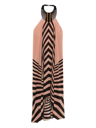 几何图案印花挂脖超长连衣裙