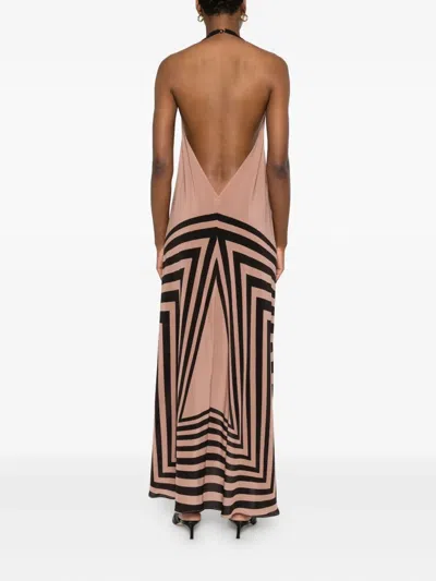 几何图案印花挂脖超长连衣裙