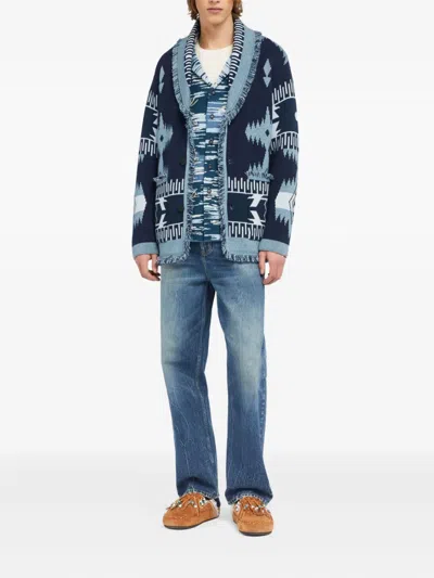 Alanui Icon Jacquard Fringed Cardigan In Blue