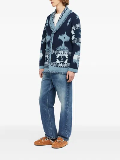 Alanui Icon Jacquard Fringed Cardigan In Blue