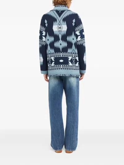Alanui Icon Jacquard Fringed Cardigan In Blue