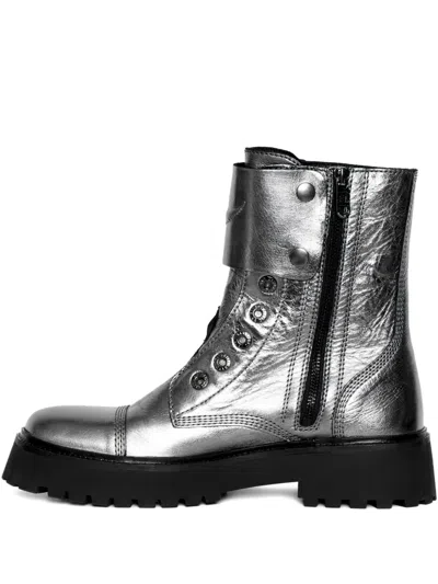 Zadig & Voltaire Joe Fast Metallic-effect Leather Combat Boots In Silver