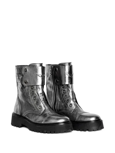 Zadig & Voltaire Joe Fast Metallic-effect Leather Combat Boots In Silver