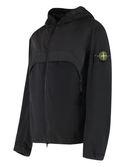 Stone Island Hooded Panelled Windbreaker In Black