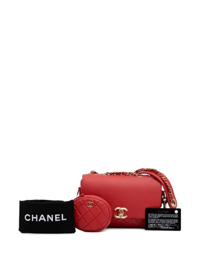Pre-owned Chanel 2019 Quilted Calfskin Multi Pouching Flap Shoulder Bag In Red