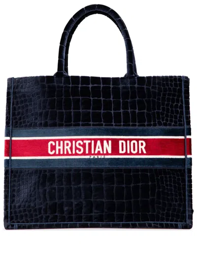 Pre-owned Dior 2021 Large Velvet Embossed Book Tote Bag In Blue