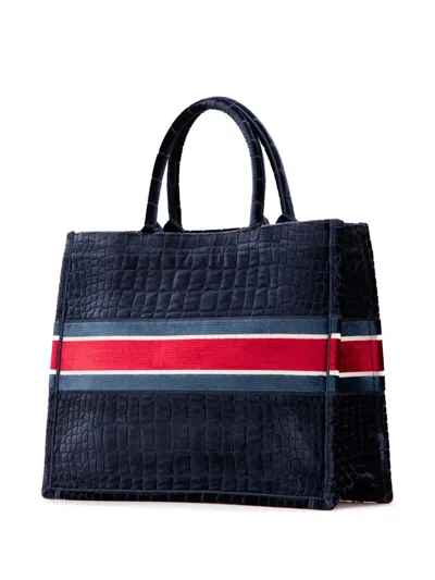 Pre-owned Dior 2021 Large Velvet Embossed Book Tote Bag In Blue
