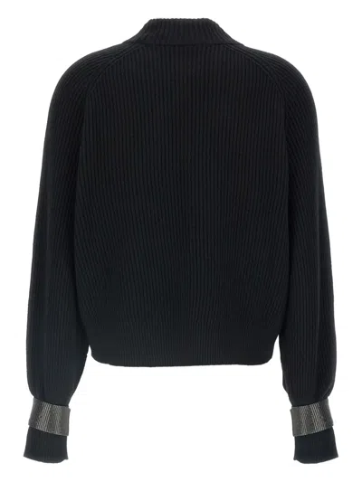 Brunello Cucinelli Ribbed High Neck Sweater With Cuffed Sleeves In Black