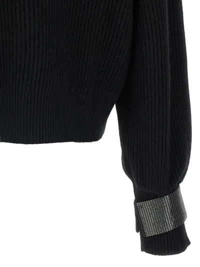 Brunello Cucinelli Ribbed High Neck Sweater With Cuffed Sleeves In Black