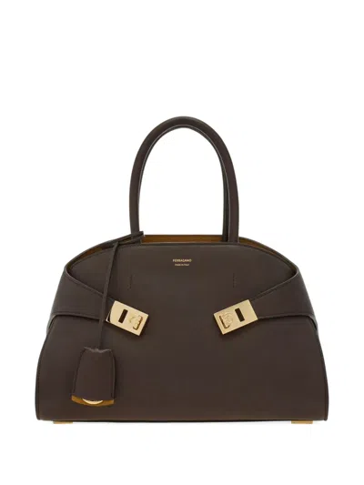 Ferragamo Structured Pebbled Leather Brown Handbag With Gold-tone Hardware In Brown