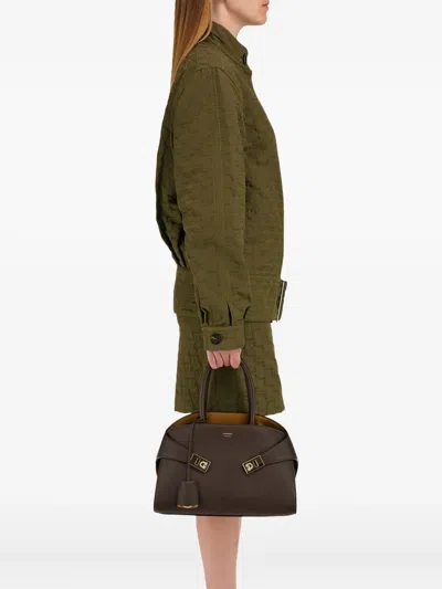 Ferragamo Structured Pebbled Leather Brown Handbag With Gold-tone Hardware In Brown