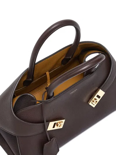Ferragamo Structured Pebbled Leather Brown Handbag With Gold-tone Hardware In Brown