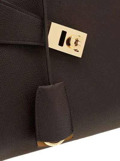 Ferragamo Structured Pebbled Leather Brown Handbag With Gold-tone Hardware In Brown