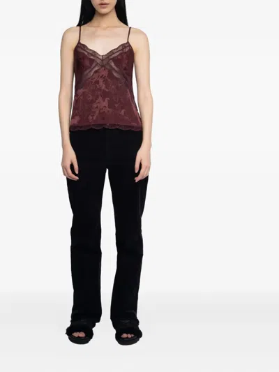 Zadig & Voltaire Cishi Horse-jacquard Lace-trim Top In Red
