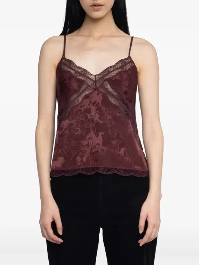 Zadig & Voltaire Cishi Horse-jacquard Lace-trim Top In Red