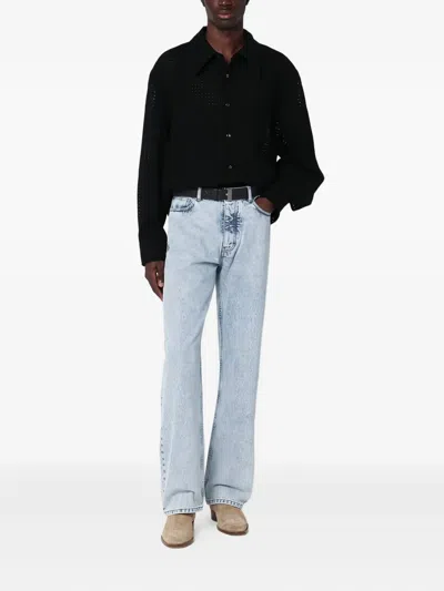 Séfr Wes Shirt Perforated Long-sleeve Shirt In Black