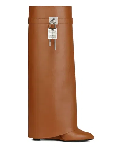 Givenchy Leather Shark Lock Knee High Boots 90 In Brown