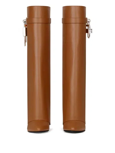 Givenchy Leather Shark Lock Knee High Boots 90 In Brown