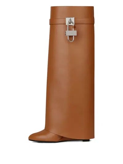 Givenchy Leather Shark Lock Knee High Boots 90 In Brown