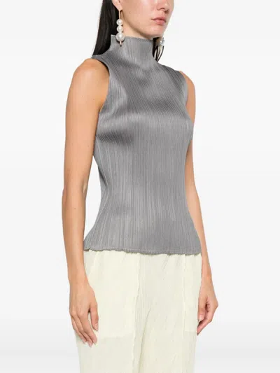 Issey Miyake Basics Pleated Sleeveless Top In Gray