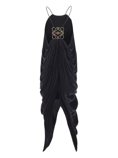 Loewe Embellished Draped Silk Halterneck Midi Dress In Black