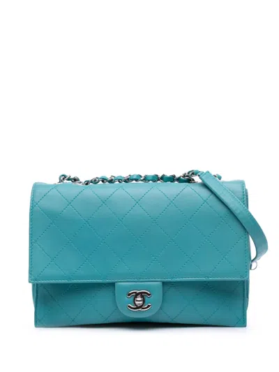 Pre-owned Chanel 2014 Cc Quilted Calfskin Double Flap Shoulder Bag In Blue