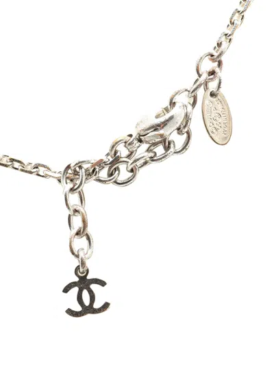 Pre-owned Chanel 2005 Silver Plated Cc Resin And Rhinestone Pendant Necklace Costume Necklace In Black