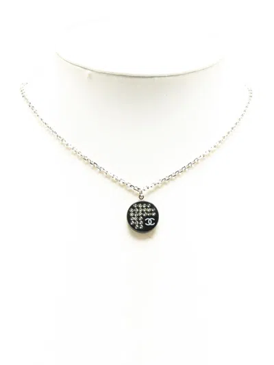 Pre-owned Chanel 2005 Silver Plated Cc Resin And Rhinestone Pendant Necklace Costume Necklace In Black