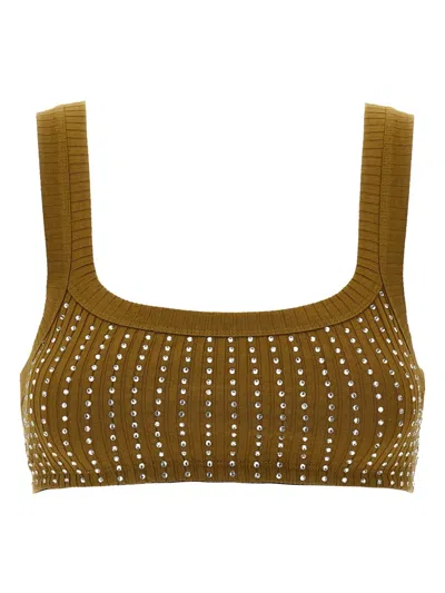 Attico Crystal Square Neckline Sleeveless Cropped Top In Brown