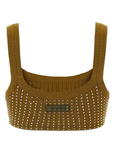 Attico Crystal Square Neckline Sleeveless Cropped Top In Brown
