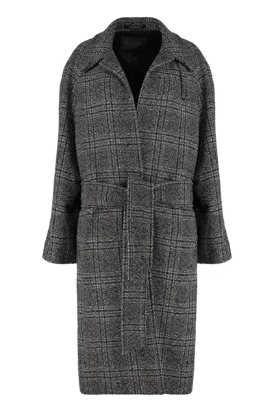 Balenciaga One Layer Checked Belted Coat In Gray