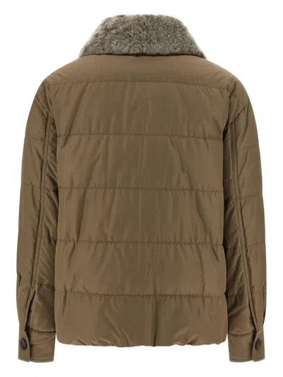 Brunello Cucinelli Quilted Coat With Plush Shearling Collar And Flap Pockets In Brown