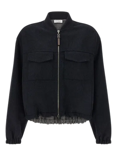 Brunello Cucinelli Shiny Zipper Pull Puffer Jackets Blue In Blue