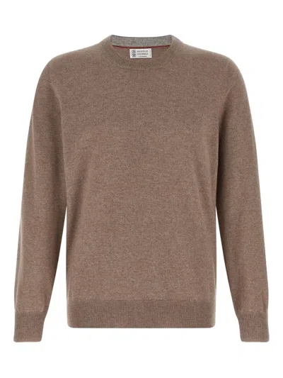 Brunello Cucinelli Cashmere Crew Neck Sweater With Ribbed Cuffs And Hem In Brown
