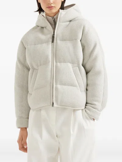 Brunello Cucinelli Hooded Ribbed Puffer Jacket In Nude